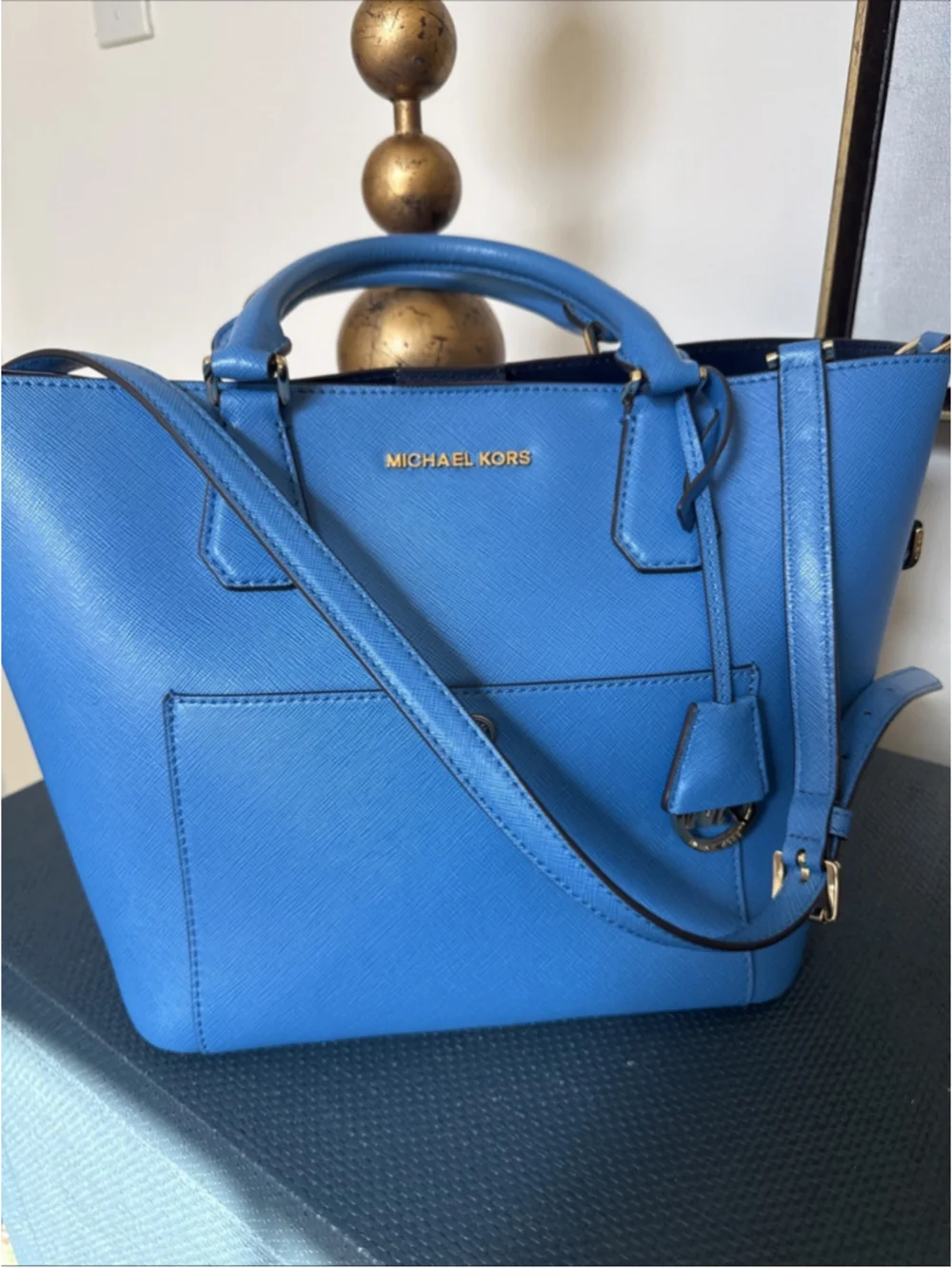 Michael Kors Greenwich Large Saffiano Leather Grab Bag Blue Gold Hardware